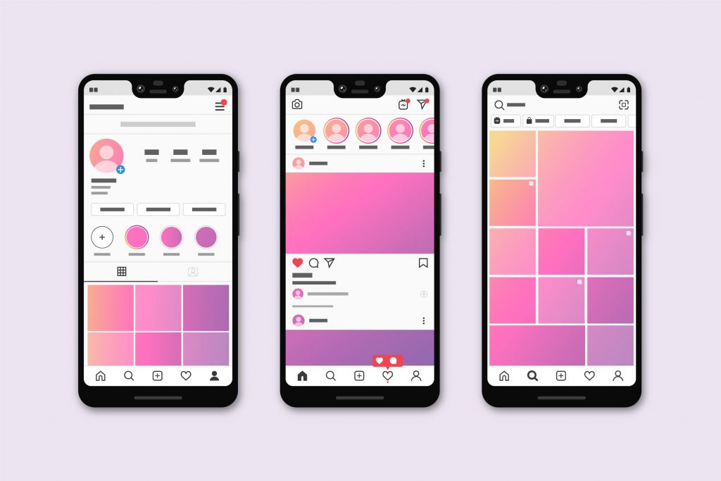 Ilustración de interfaz de Instagram con icono de repost, pestaña Friends y un reel en modo prueba, representando la nueva distribución social y el testeo de contenidos antes de publicarlos.
