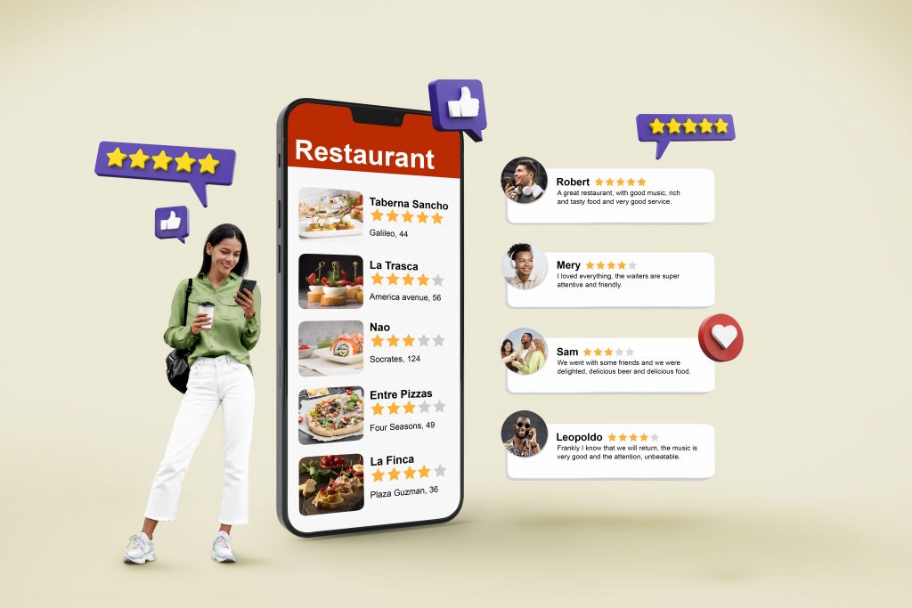 Ilustración de un perfil de Google Business con estrellas y botón “Escribir una reseña”, más un código QR y un móvil enviando un enlace directo de valoración.
