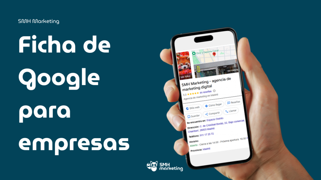 Móvil con una ficha de empresa en Google Maps y un pin de ubicación, representando la importancia de optimizar la ficha de Google para empresas.