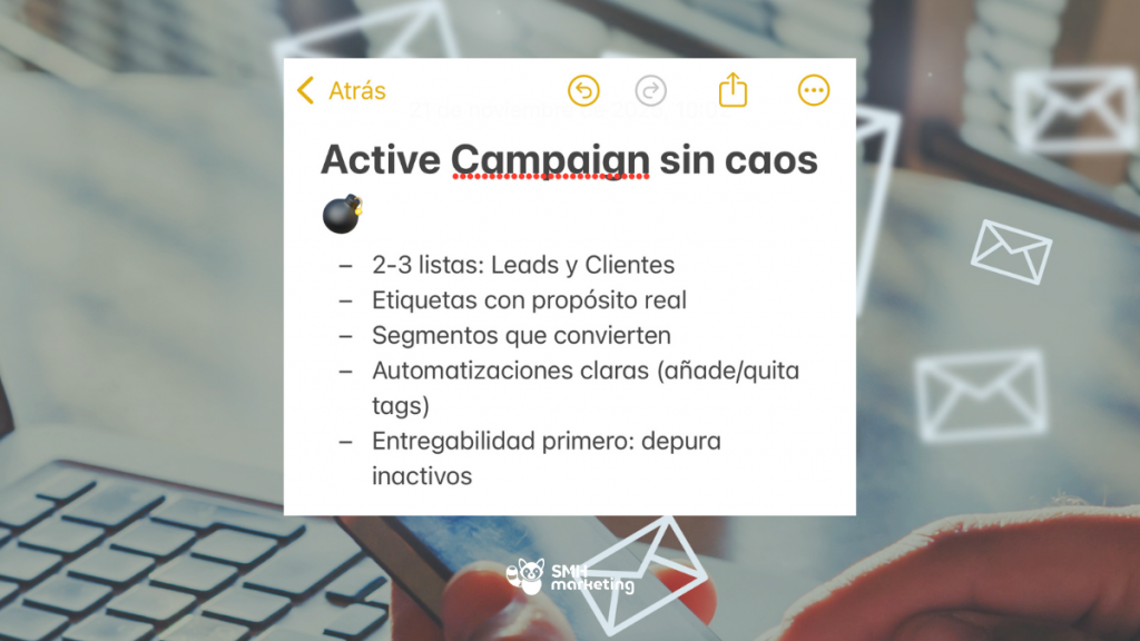 ActiveCampaign con listas, etiquetas y un filtro de segmento activo, representando la organización de contactos y envíos personalizados.